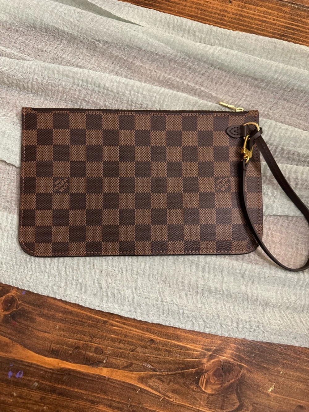 Louis Vuitton Damier Ebene Brown Wristlet Pouch with Strap